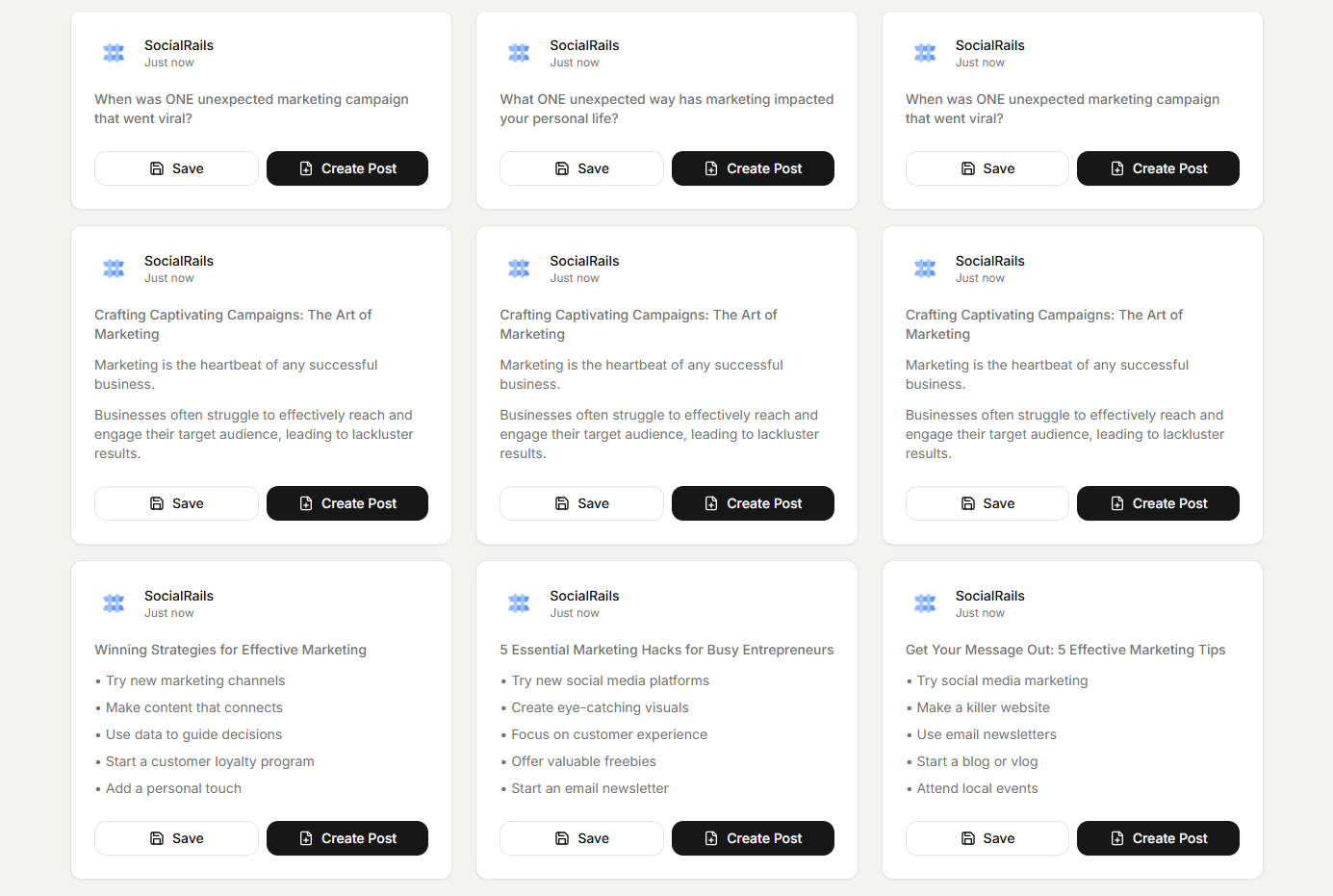 SocialRails daily content ideas page showing inspiration for user-generated content campaigns