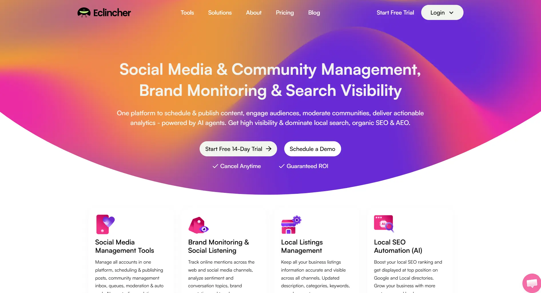 eClincher homepage screenshot showing the AI social media management platform