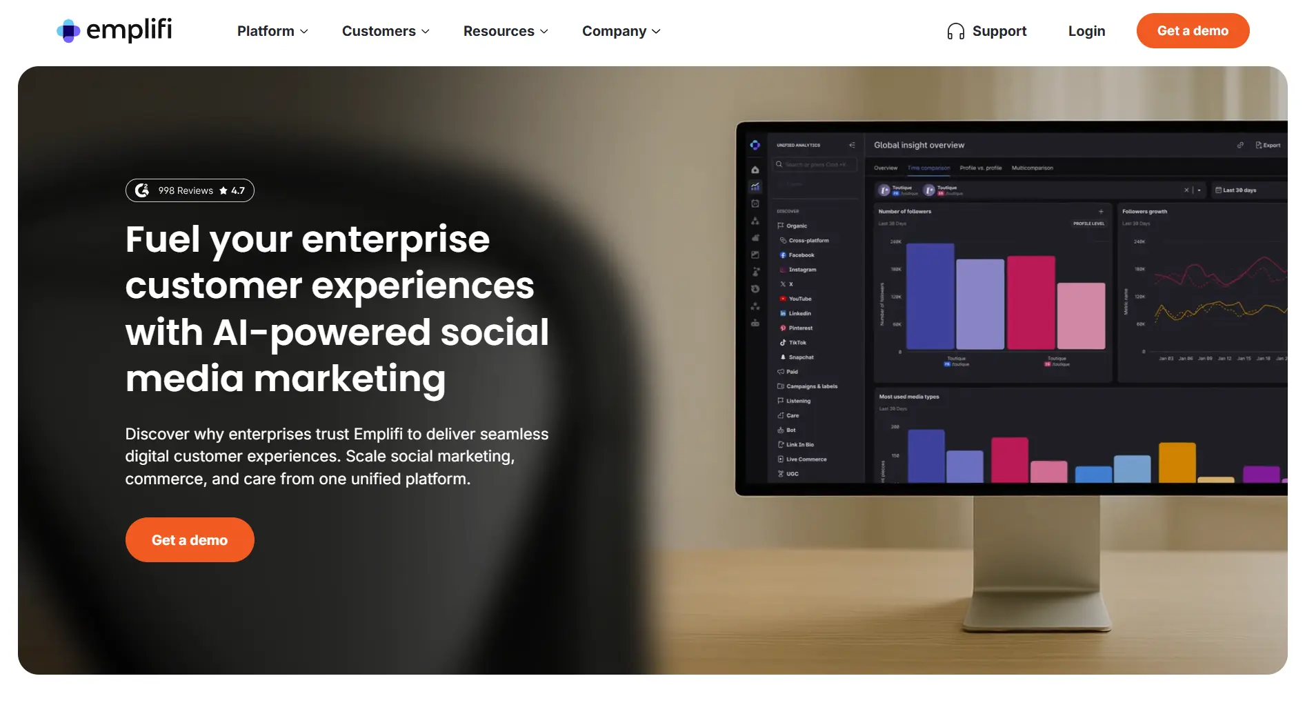 Emplifi homepage screenshot showing the AI social media management