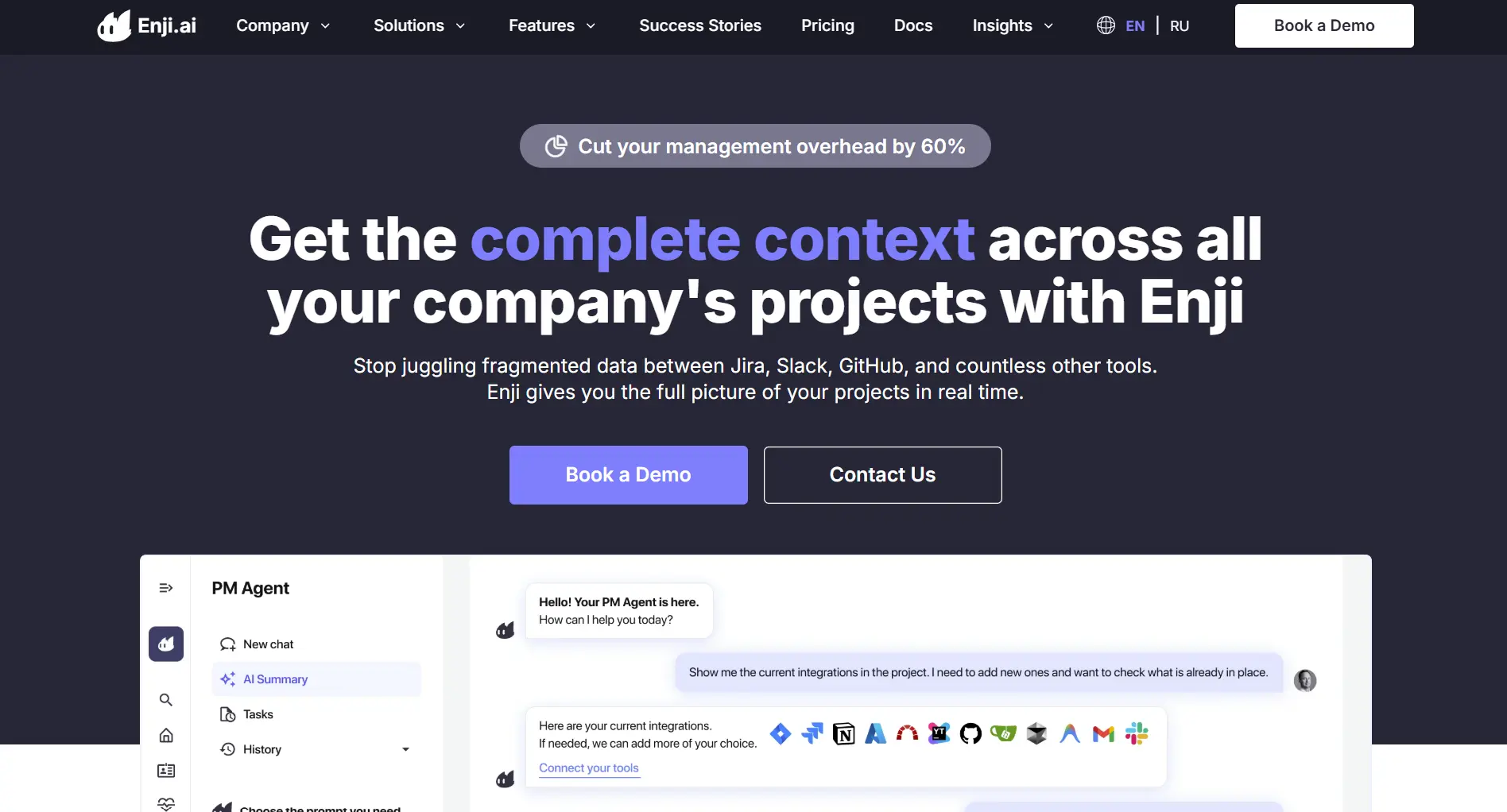 Enji homepage screenshot showing the delivery intelligence platform