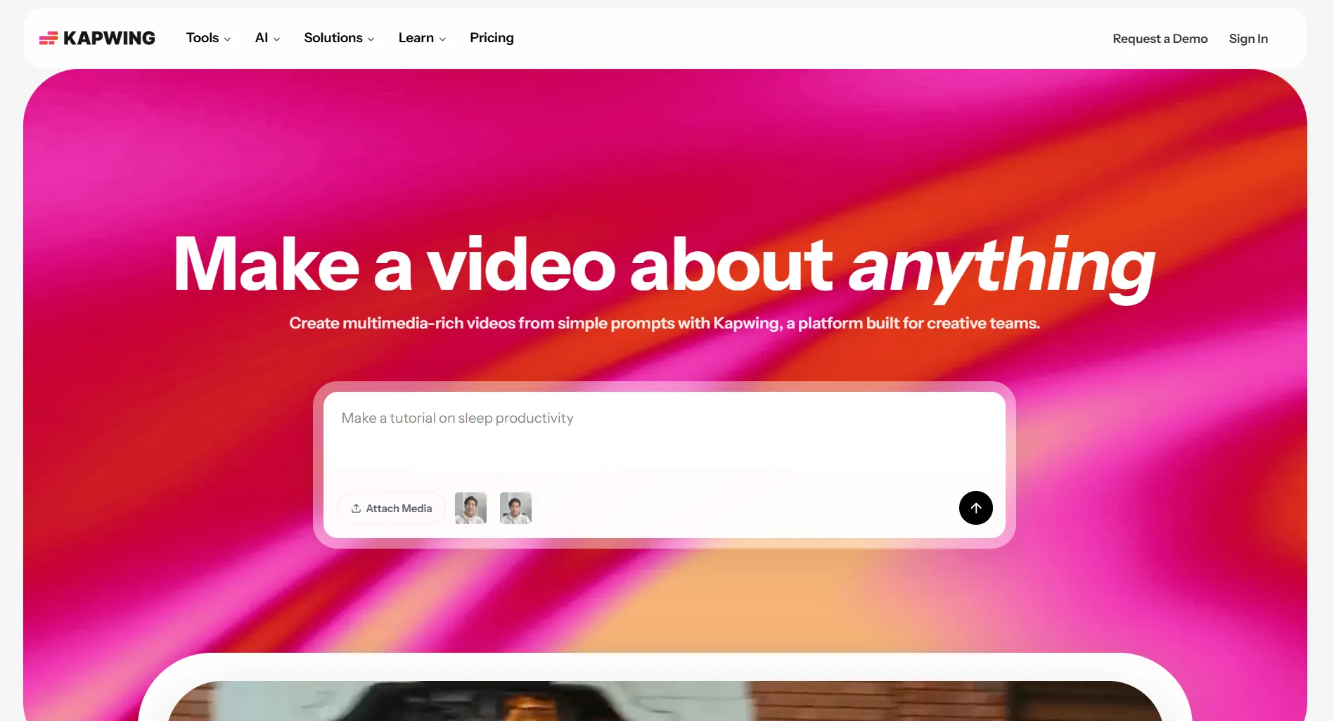 Kapwing homepage screenshot showing the video marketing platform