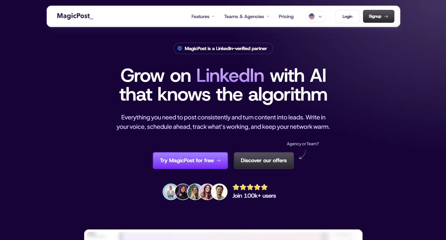MagicPost landing page screenshot featuring the LinkedIn post generator
