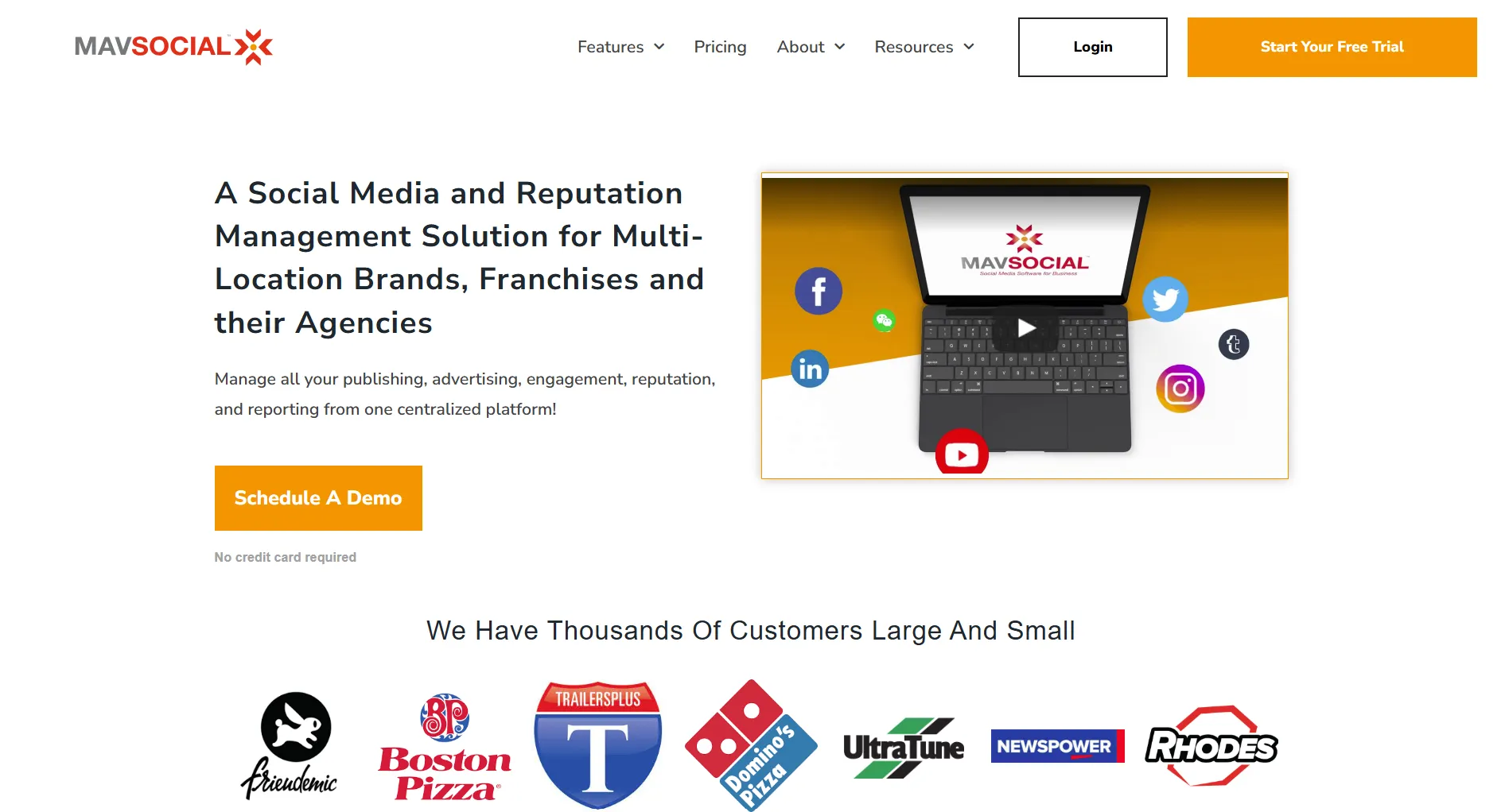 MavSocial homepage screenshot showing the social media management
