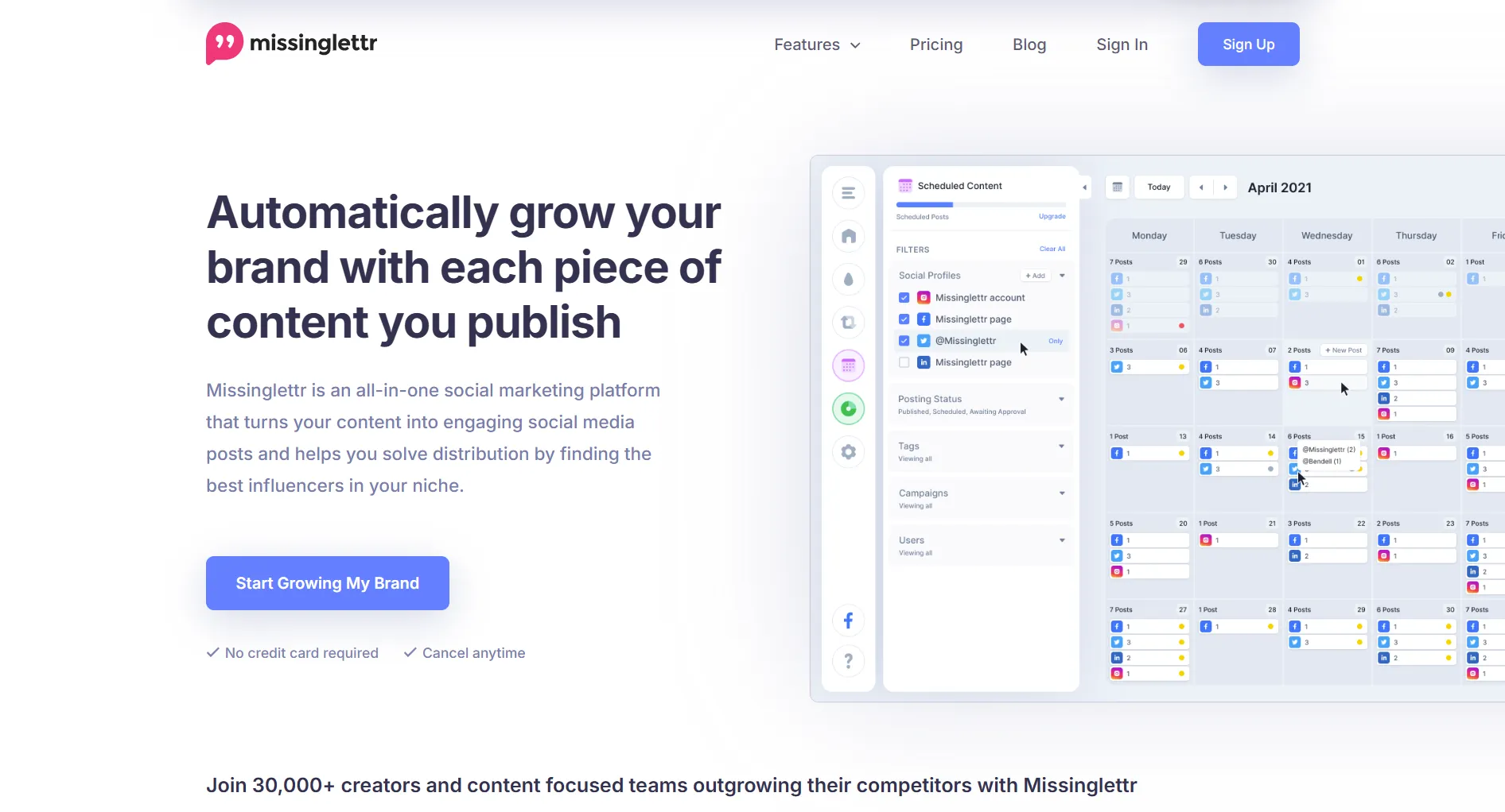 Missinglettr landing page screenshot featuring the social media marketing platform