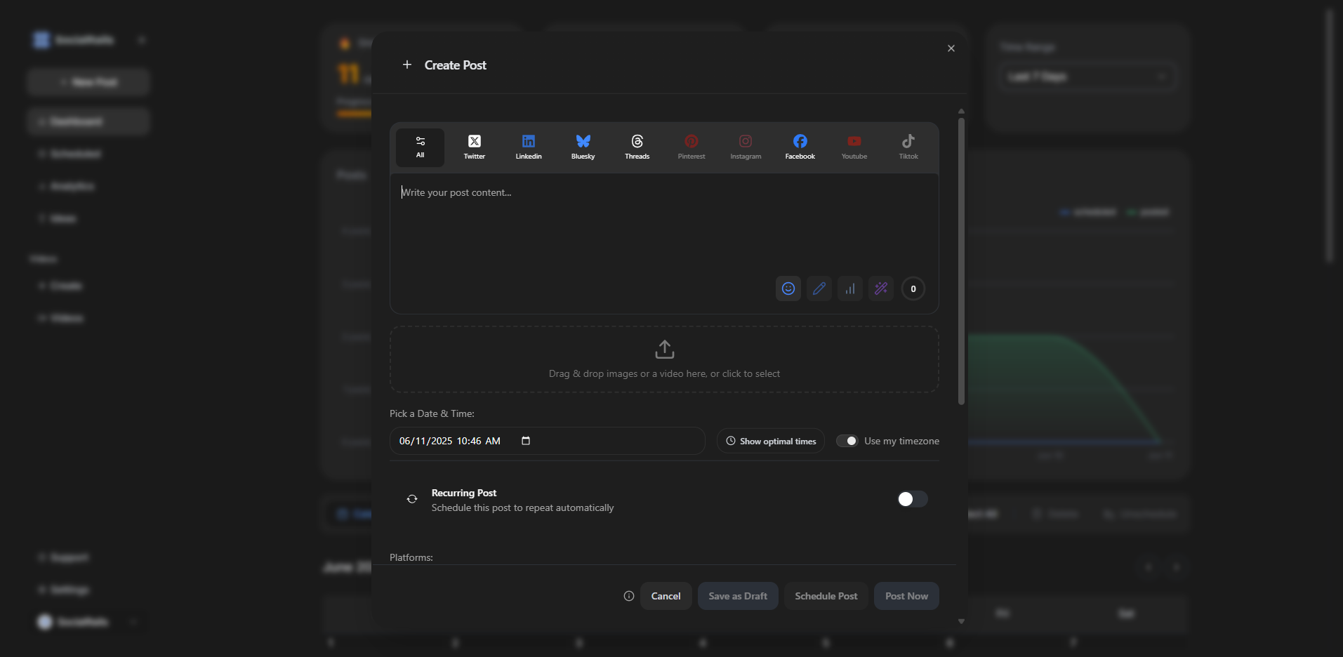 SocialRails post creation interface in dark mode showing automation options and scheduling features