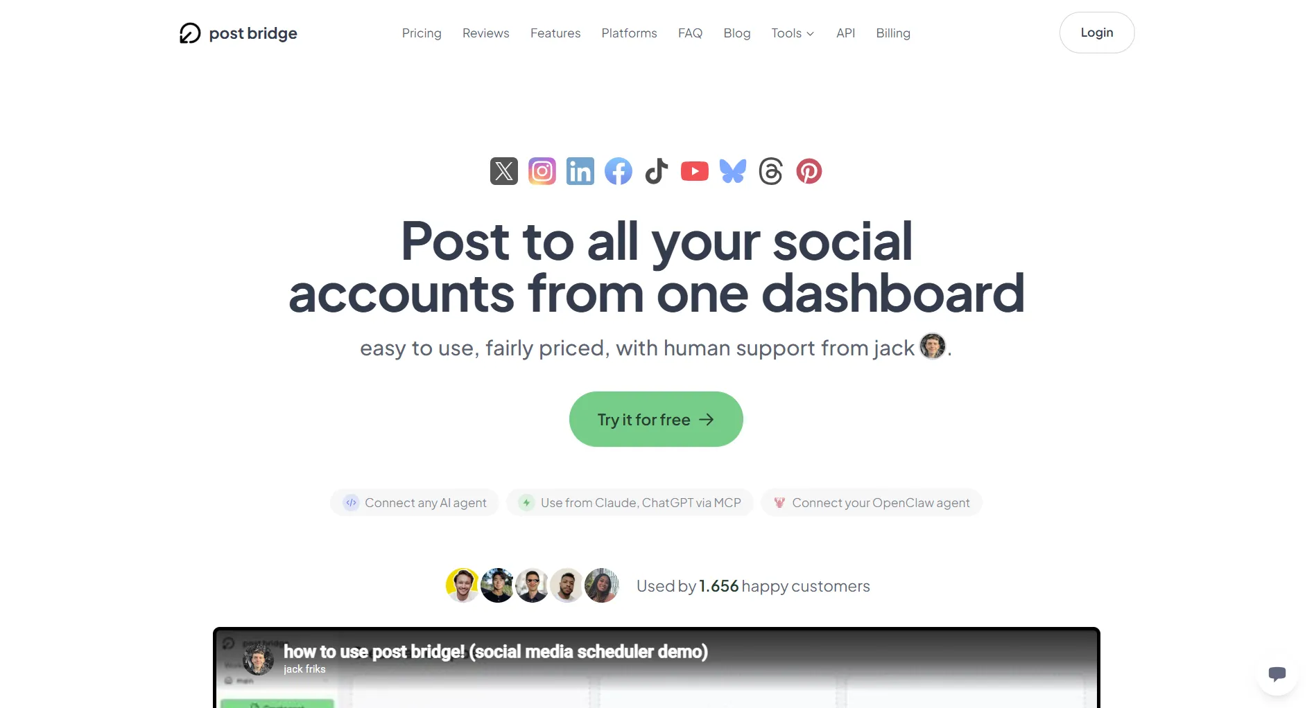 Post Bridge homepage screenshot showing the social media scheduling tool