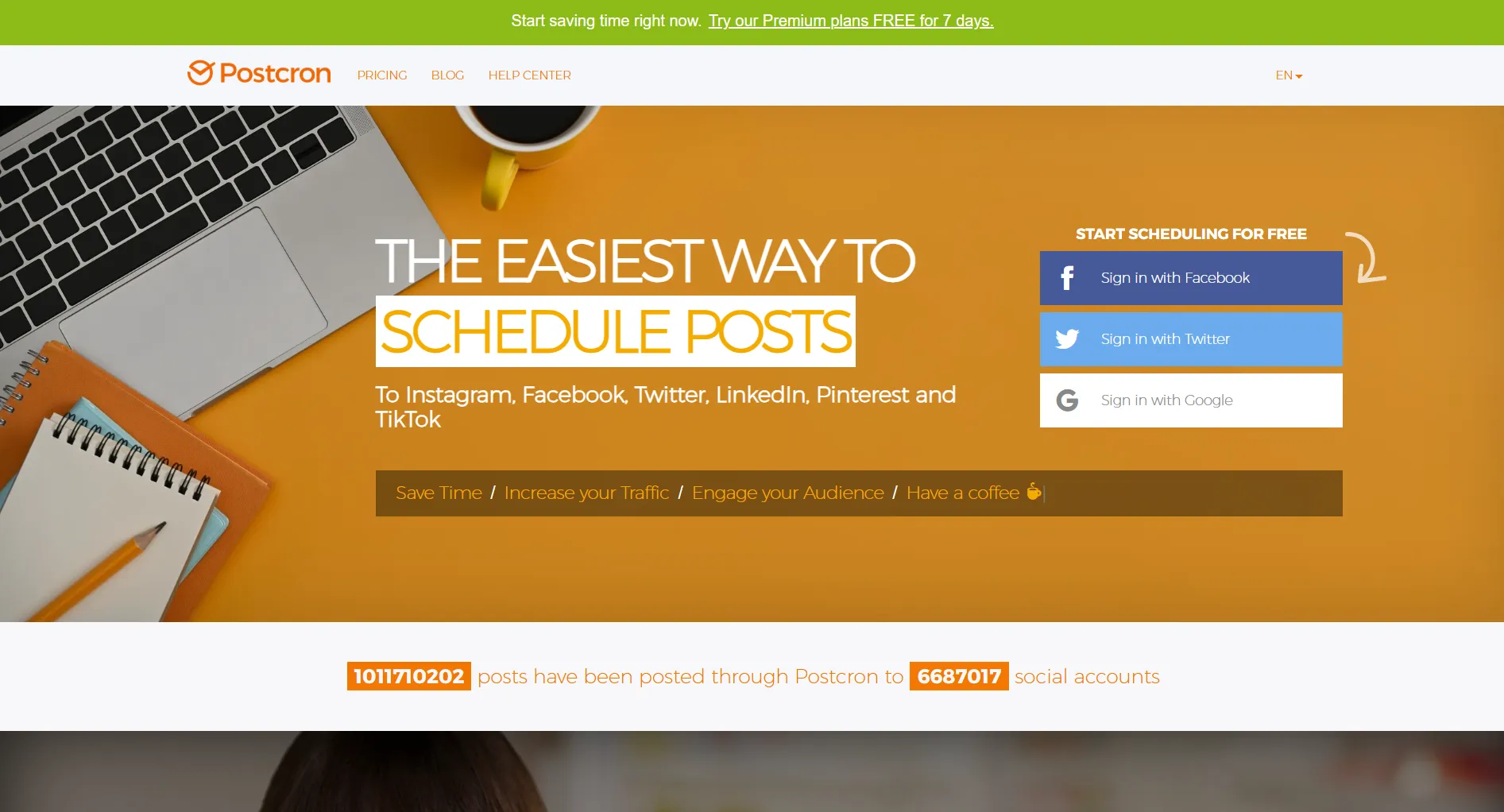 Postcron homepage screenshot showing the social media scheduler