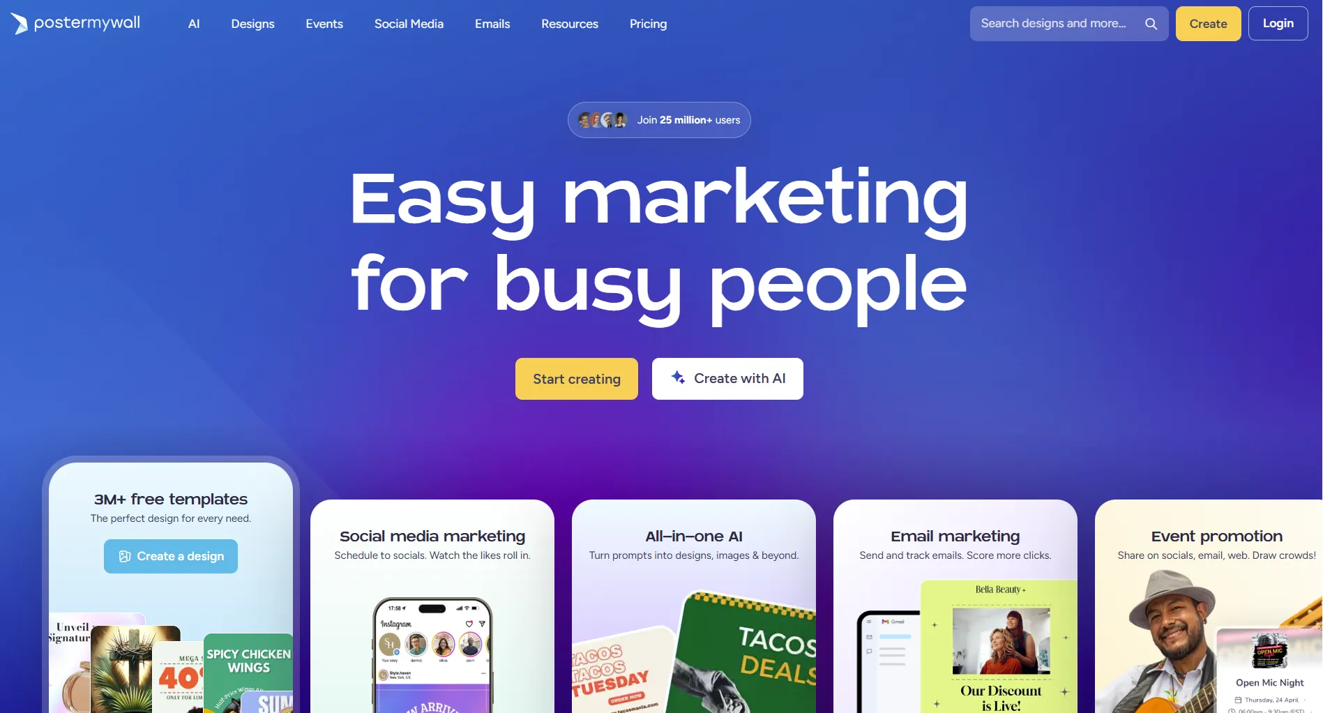 PosterMyWall homepage screenshot showing the all-in-one marketing platform