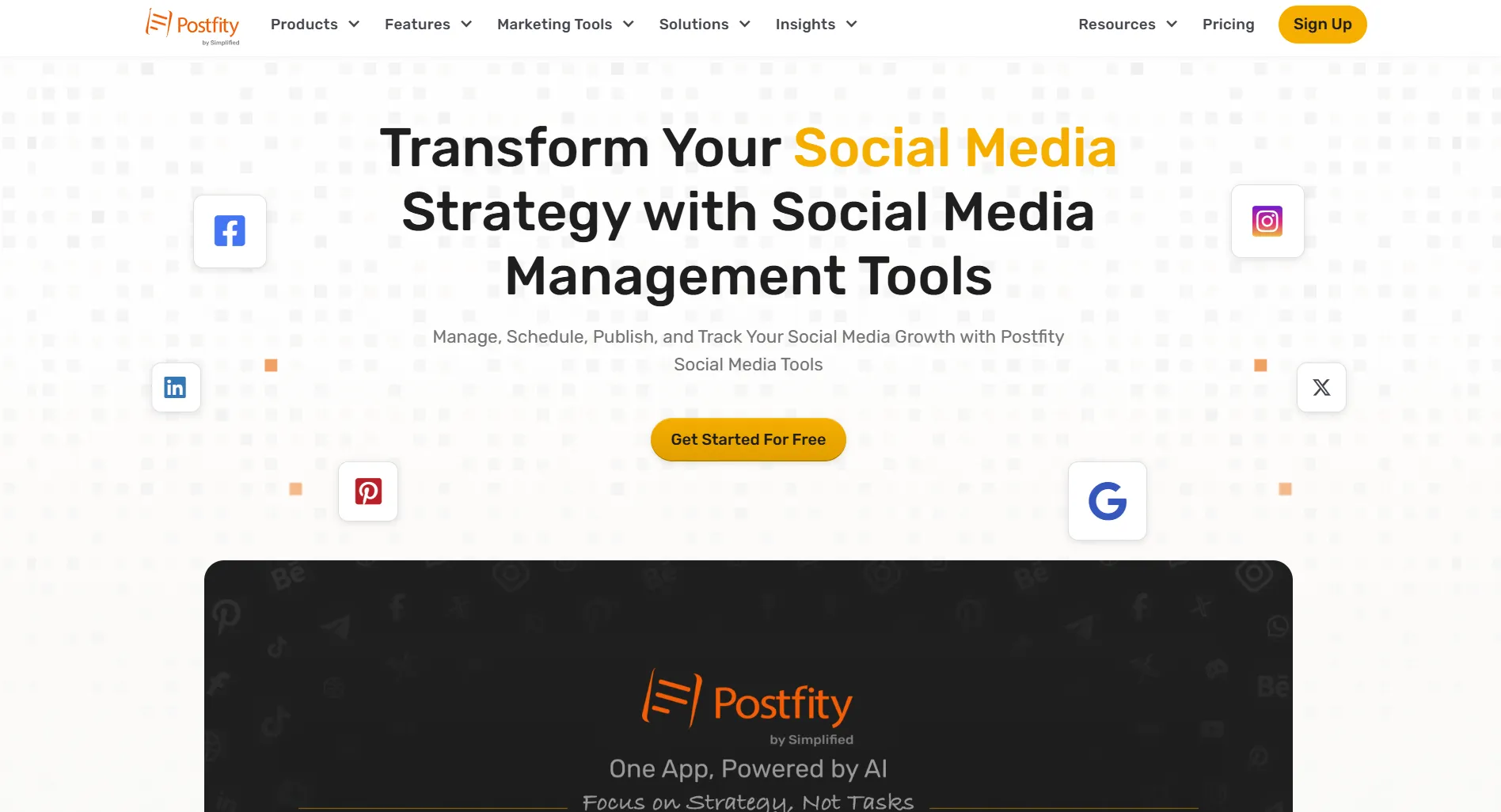Postfity landing page screenshot featuring the social media marketing platform