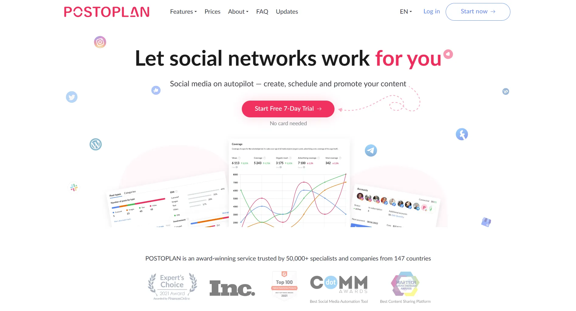 Postoplan homepage screenshot showing the social media management tool
