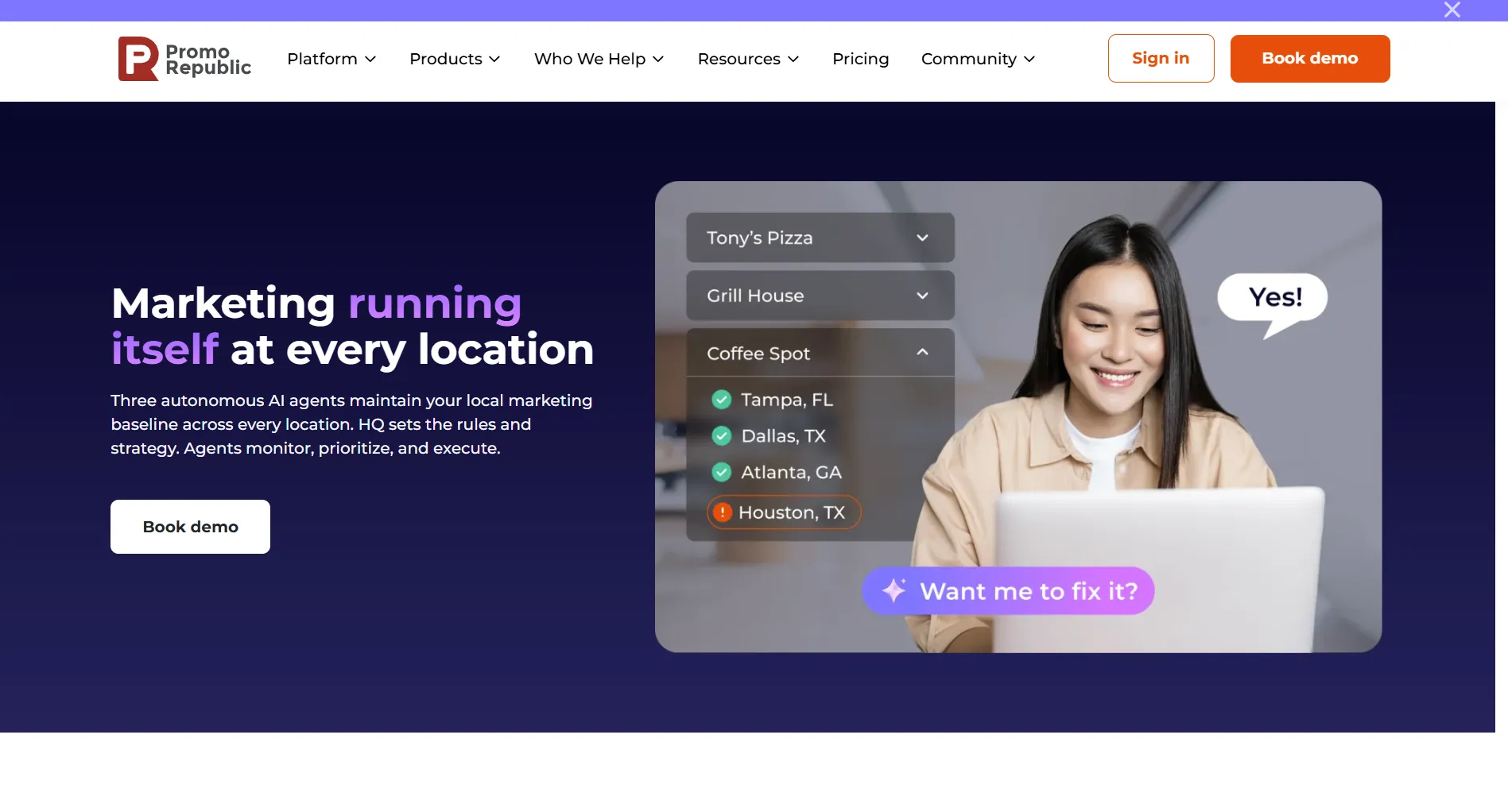 PromoRepublic landing page screenshot featuring the local marketing platform