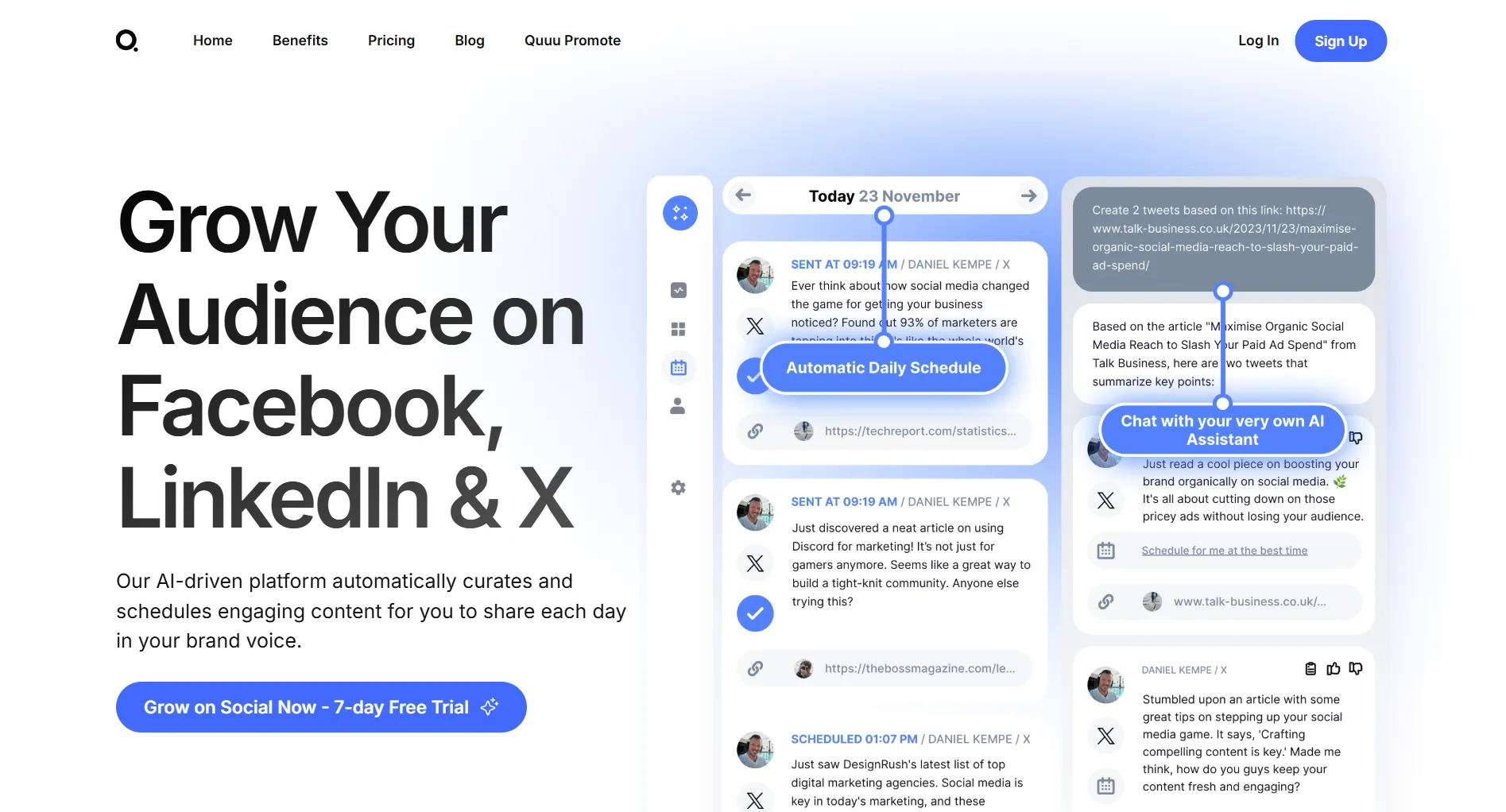 Quuu landing page screenshot featuring the social media scheduling