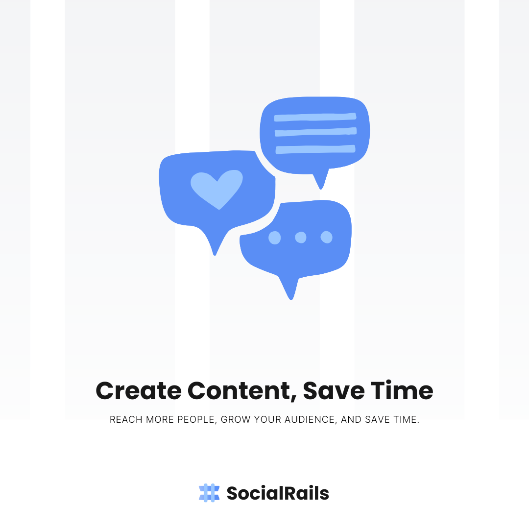 Promotional image with text 'Create content save time' highlighting automation efficiency