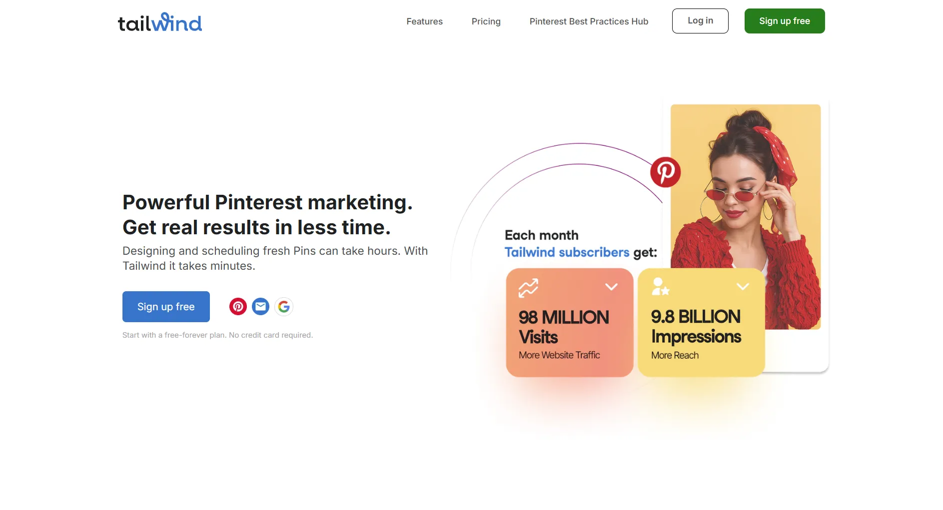 Tailwind landing page screenshot featuring the social media management