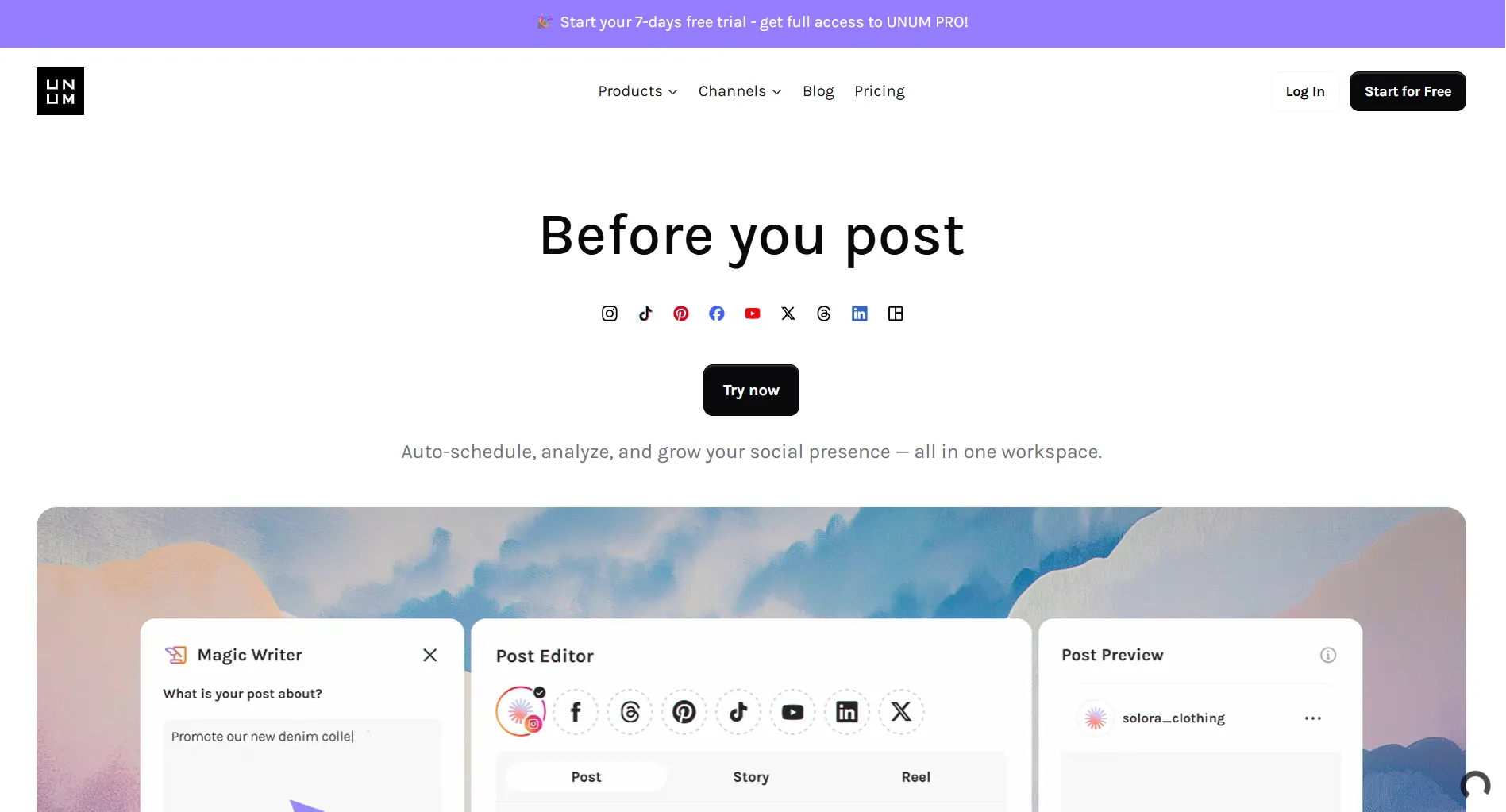 UNUM homepage screenshot showing the social media marketing