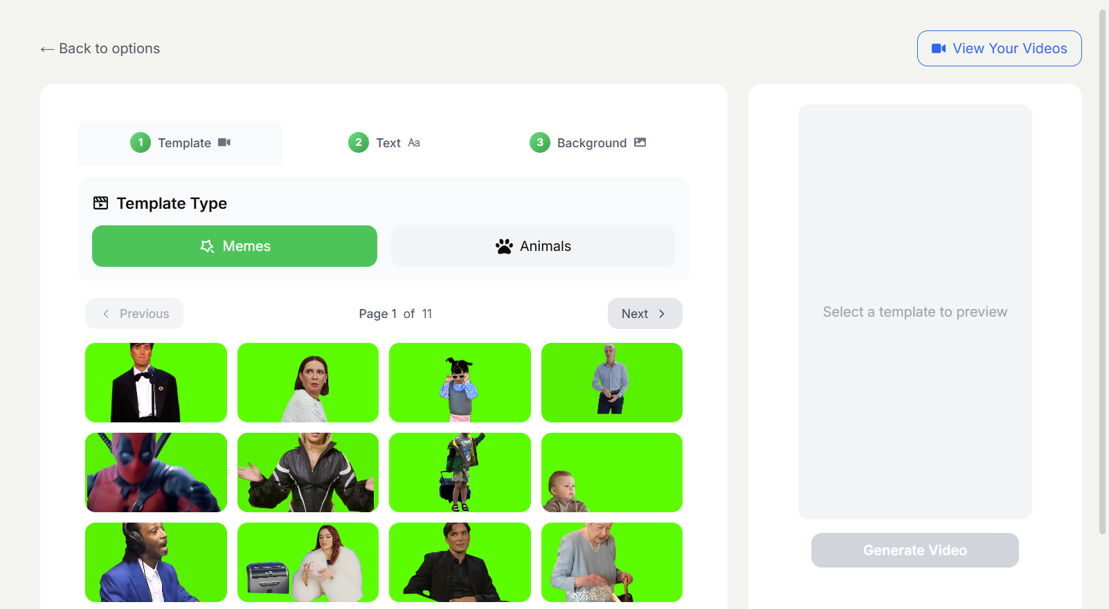 SocialRails video creation interface showing meme template selection for viral content