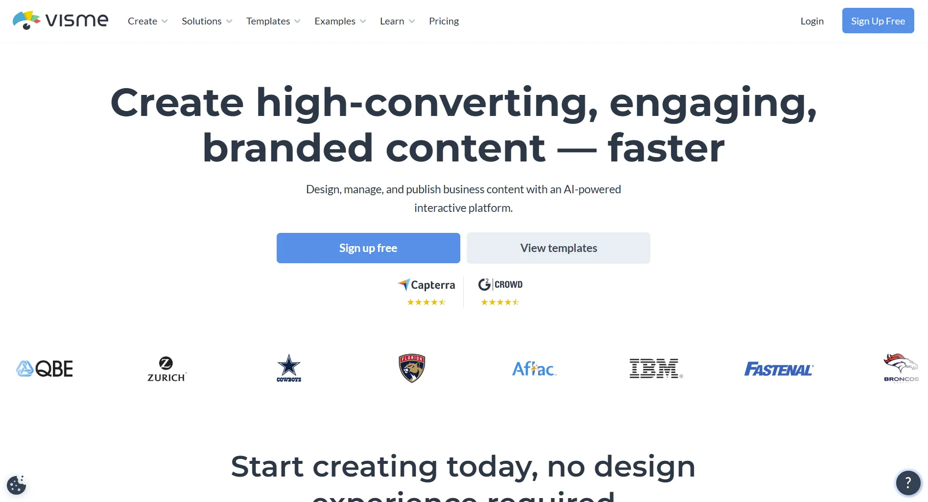 Visme landing page screenshot featuring the AI presentation maker