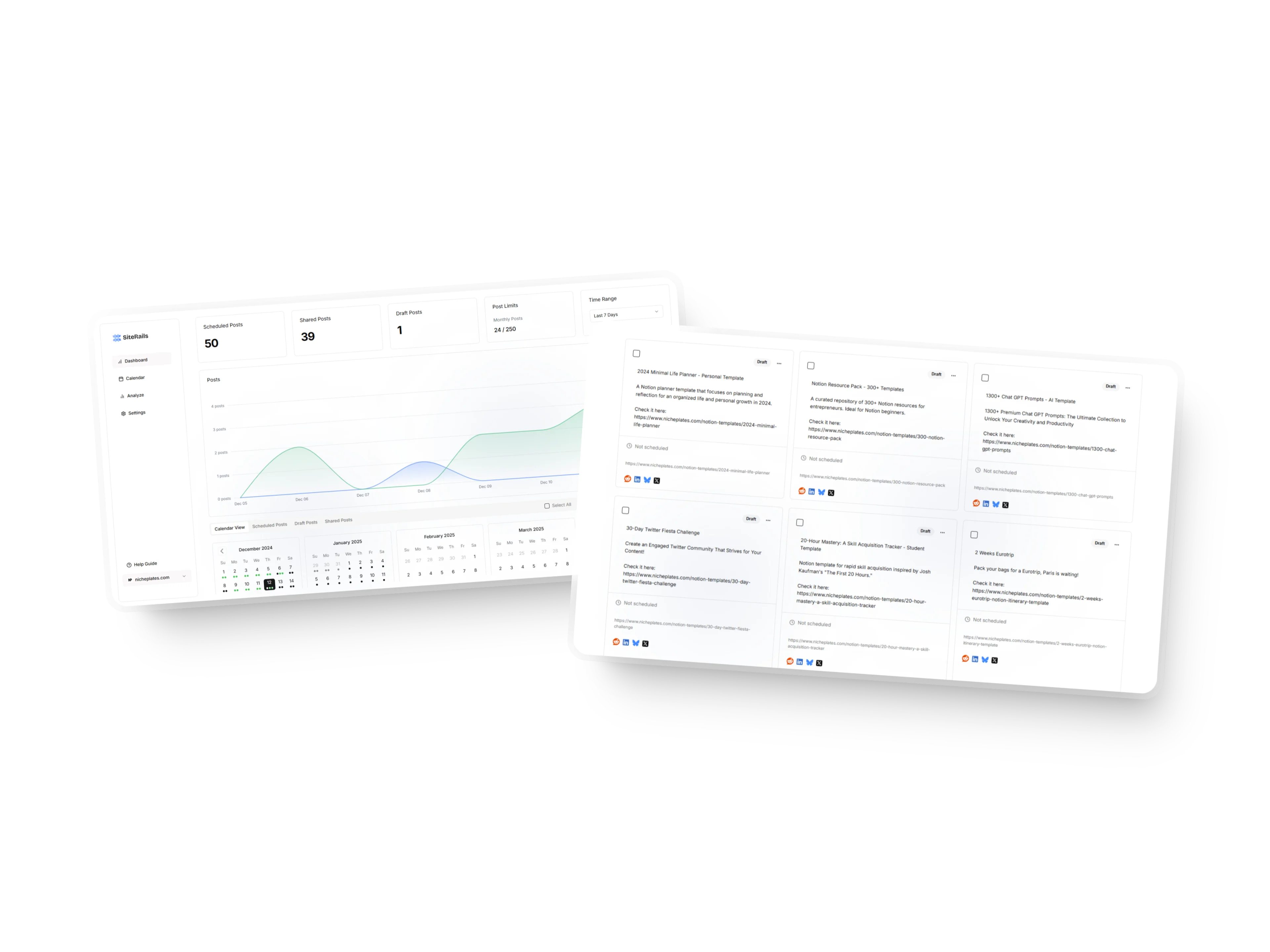 SocialRails dashboard showing multi-platform management interface